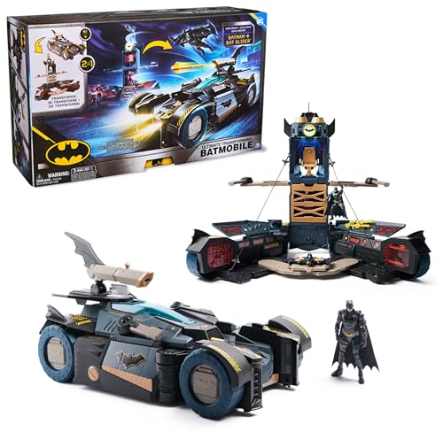 DC Comics - Ultimate Transforming Batmobile mit Batmanfigur (10cm), 1 Pfeil-Katapult, Lichteffekten, Soundeffekten, per Knopfdruck zur Batcave transformierbar. Ab 4 Jahren