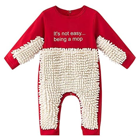TMDD 0-24M Newborn Baby Boys Girls Mop Romper Toddler Crawling Onesie Clean Wipe Floor Playsuit Long Sleeve Footless Jumpsuit, Red, 6-12 Months Cover