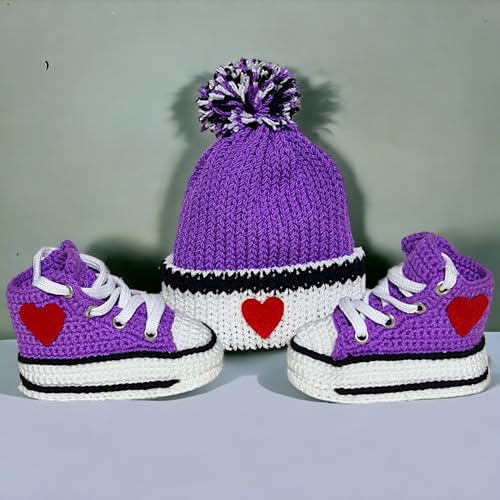 Handmade Gender Neutral Baby Crochet Purple Sneakers & Beanie Set - Soft Sole, Customizable, Perfect for Newborn Boys & Girls4