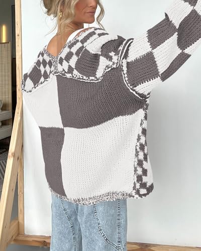 Image of BTFBM Casual Cardigan Sweater for Women Fall 2026 Long Sleeve Open Front Chunky Knit Sweaters Checkered Outwear Coat