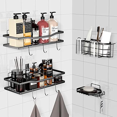 PUKOKAL Shower Caddy 4 Pack Shelf with Hooks Storage Rack Organizer, Stainless Steel Adhesive Caddy Shelves No Drilling with Toothbrush Holder Holder Soap for Bathroom, Restroom, Kitchen (Matte Black)
