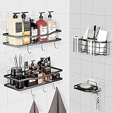 PUKOKAL Shower Caddy 4 Pack Shelf with Hooks Storage Rack Organizer, Stainless Steel Adhesive Caddy