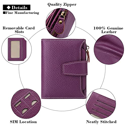Image of GOIACII Leather Women's Wallet RFID Blocking Credit Card Holder Purple | Compact, Small, Trifold Billfold with Zipper Coin Pocket, 4 ID Windows