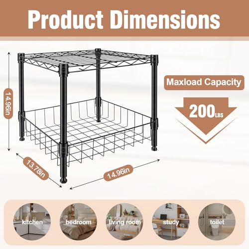 Image of 2-Wire Shelving Unit, Multi-Tier Stackable Metal Storage Shelves, Versatile Utility Shelves & Wire Rack for Garage Shelving, Pantry Shelves, Office, Living Room, Garage,Black