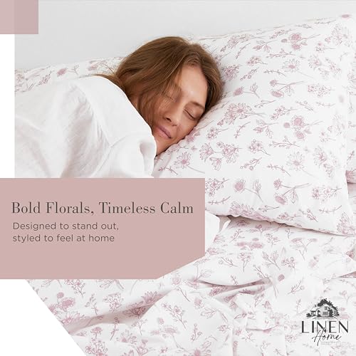Image of Linen Home 100% Cotton Printed Percale Sheet Set Queen - 4 Piece Deep Pocket Floral Bedding, Crisp Cool & Breathable, Fade-Resistant Design, Hotel Luxury, Long-Staple Combed Cotton - Mauve Botanical