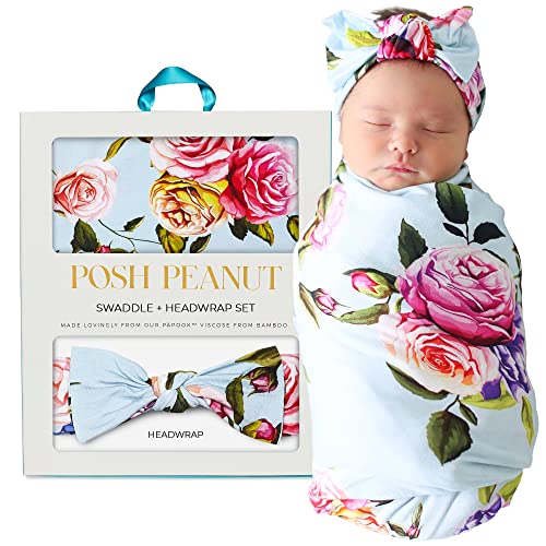 Image of Posh Peanut Baby Swaddle Blanket & Headband - Matching Newborn Girl Swaddle Set, Use As a Receiving Blanket or Nursing Cover