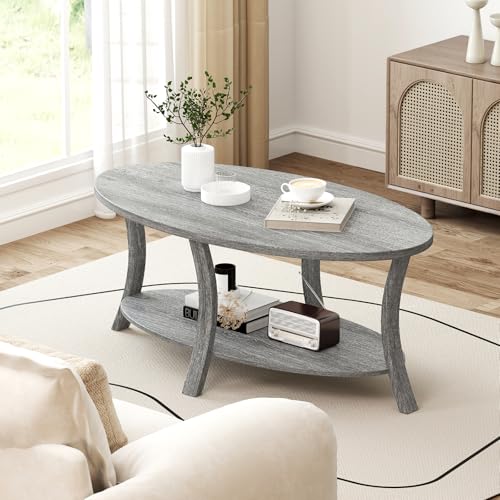 COSTWAY Couchtisch, ovaler Wohnzimmertisch mit Ablage, 2-stöckiger Beistelltisch, Sofatisch, Kaffeetisch für Wohnzimmer, Büro, Empfangsbereich, 111 x 60,5 x 47 cm (Grau) – Bild 8