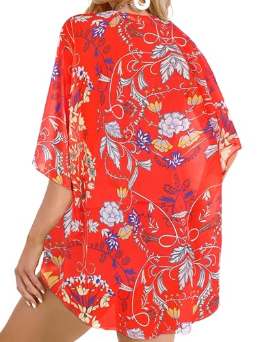 Women's Floral Print Puff Sleeve Kimono Cardigan Loose Cover Up Casual Blouse Tops - Image 6
