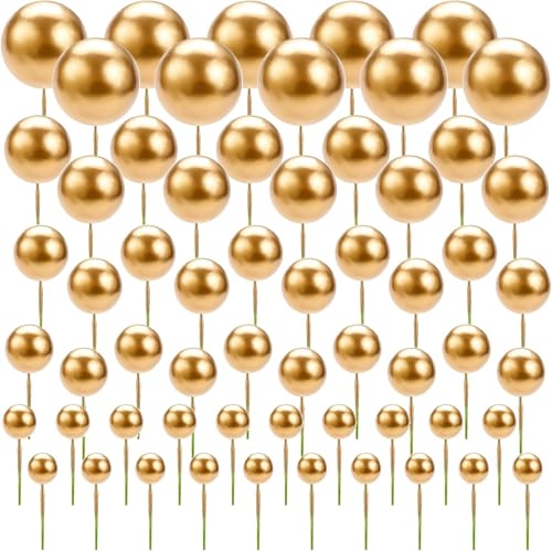 Uskerb 60pcs Gold Round Ball Cake Toppers - Gold Balls for Cake Decorating - Perfect for Birthday Wedding Party Supplies - Elegant and Versatile Cake Decorations