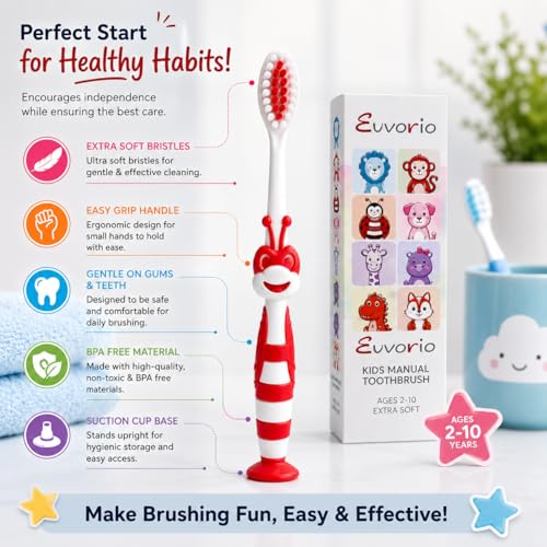 Image of Toothbrush for Kids with Ultra Soft Bristles for Oral Cleaning, Suitable For 2-12 Years Toddlers, Bee Design, Red, Pack of 1