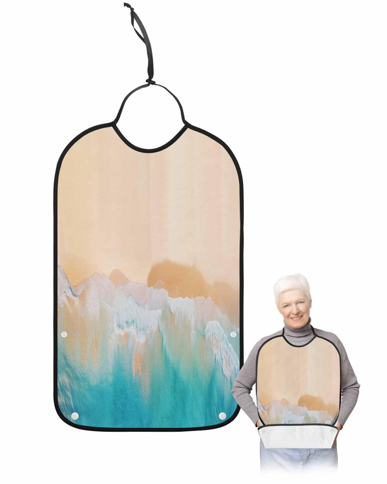 LEOKOTI Orange Aqua Coastal Adult Bibs for Eating, Waterproof Bibs with Food Catcher & Adjustable Snap Closure, Summer Beach Seaside Nautical Washable Clothing Protectors Adult Bibs for Elderly