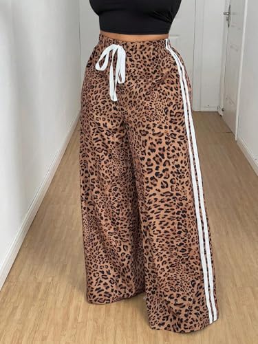 Women's Plus Size Leopard Baggy Pants Y2k Stripe Cheetah Pants Tie Front Wide Leg Loose Trousers3