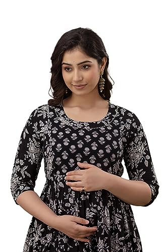 Image of The Moon Star Women's Cotton Floral Printed Anarkali Maternity Feeding Kurti | Breastfeeding Dress for Mothers | Zipper Feeding Kurti, Nursing Kurti, Comfortable and Trendy Maternity Wear