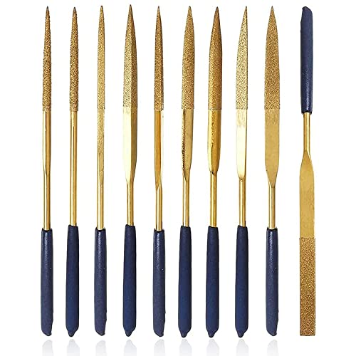 Mesee 10 Pieces Titanium Coated Diamond File Set, 3x140mm Mini Needle Files Tools with Soft Rubber Handles Assorted Shapes Riffler Files for Metal Glass Ceramic Jewelry Filing Carving