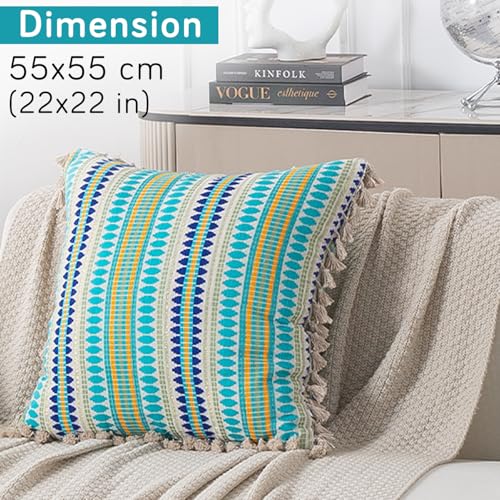 Image of HOKIPO 'Artisan Boho Series' Sofa Cushion Covers | 450 GSM Cotton Acrylic Jacquard | Tassel Design | 22x22 Inch (55x55 cm) | Pack of 2, Aqua Blue (IN-906-A4*2)