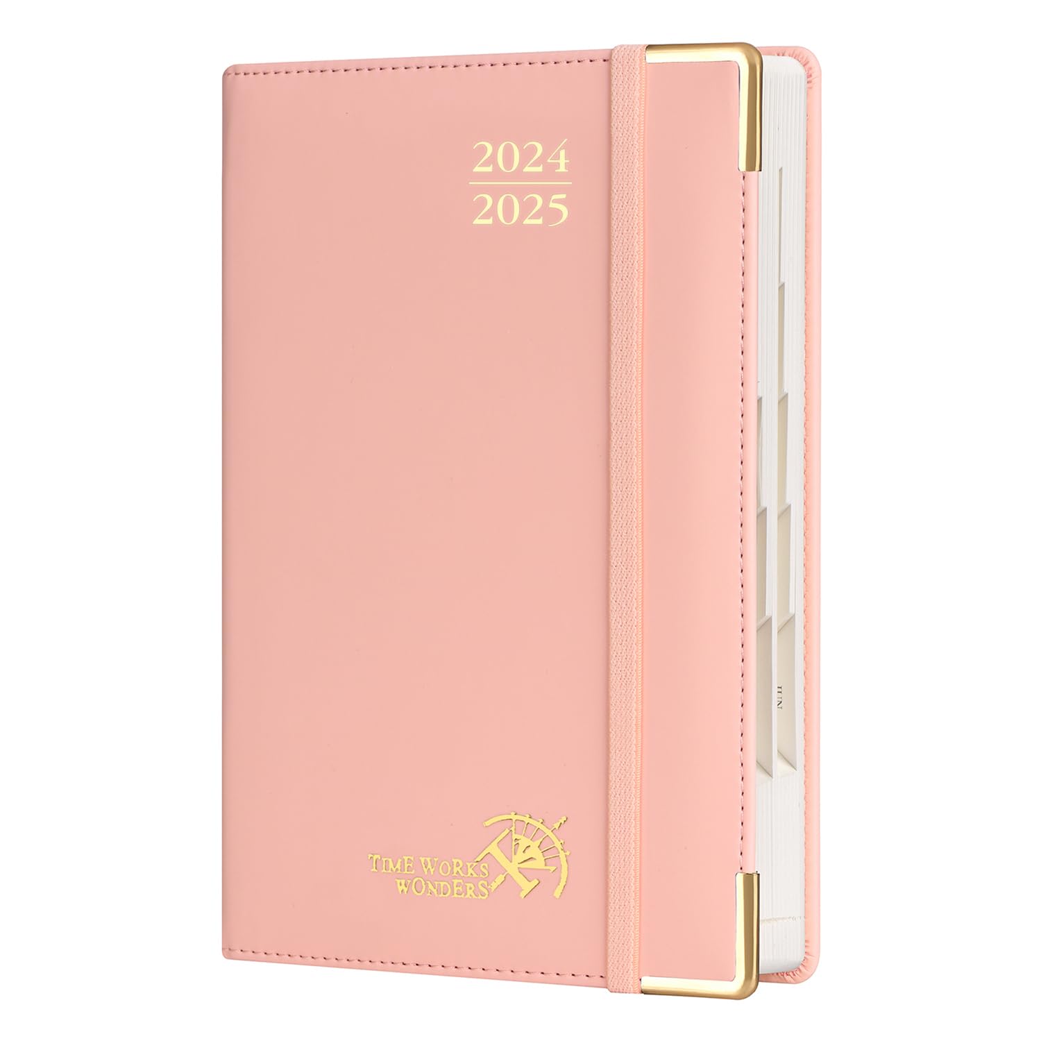 POPRUN Agenda 2024 2025 Día Por Página 21,5 x 14,5 cm, Planner Diaria con Tapa Dura 12 Meses de Ago.2024 a Jul.2025, Banda elástica, 80 GSM Papel, Rosa Pálido