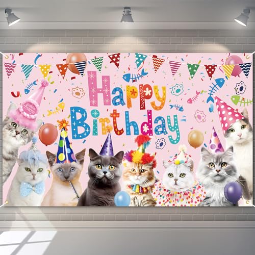 Couryxqq Cat Birthday Decorations, 6*3.6ft Happy Birthday Banner, Reusable Happy Birthday Backdrop, Pink Birthday Decorations, Durable Party Decorations Photography Background, Perfect Party Supplies