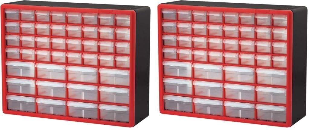 Akro-Mils 44-Drawer Plastic Drawer Storage Cabinet for Garage Organization, Bead Organizer, Building Bricks Storage, Teacher Toolbox, Makeup Organizer, 20-Inch W x 6-Inch D x 16-Inch H, 10144 Red