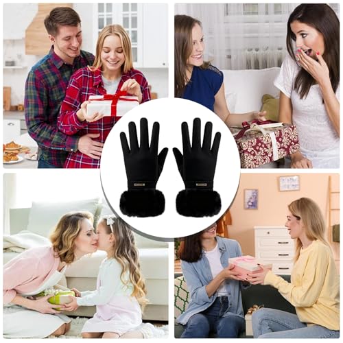 KASESSS Winterhandschuhe Damen, Thermo Handschuhe Damen Mit KunstfellbüNdchen, Handschuhe Schwarz Touchscreen Compatible Flip-Top Index Finger FüR AlltäGliche AktivitäTen Winter Gloves Geschenke
