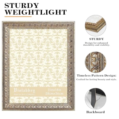 Image of VIOLABBEY 11x14 Picture Frame Gold Set of 2, Vintage Photo Frame | Antique Ornate Frame, Wall or Tabletop Display, Classic Design for Home Office Decor, Fits 11x14 Pictures