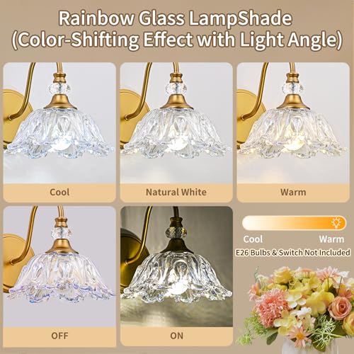 Image of 1 Piece Vintage Wall Sconce with Floral Rainbow Glass Shade, Matte Brass Finish Wall Mount Lighting for Bathroom,Vintage Bathroom Vanity Light Fixtures