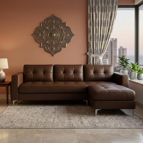 Image of CASASTYLE Creamoy 4 Seater L Shape Sofa Set with Movable Ottoman | Flexible Left or Right Layout | Premium Leatherette | Soft Touch Seating | Ideal Sofa for Living Room (Dark Brown Color)