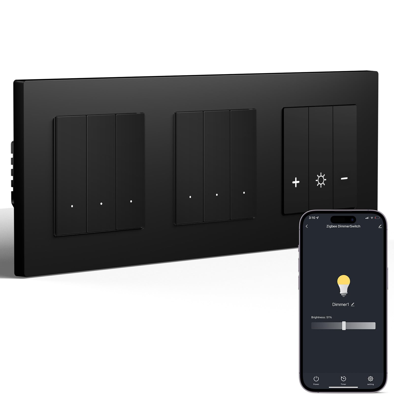 BSEED Zigbee ściemniacz i Zigbee 3-Gang 1-biegunowy podwójny przełącznik, regulowany przełącznik ścienny kompatybilny z Amazon Alexa i Google Home, materiał PC, 240 V, czarny
