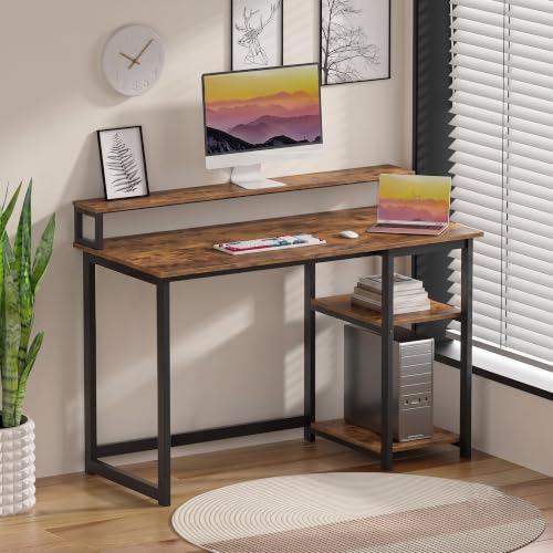 Image of Study Table with Monitor Stand| Small Home Office Desk with Ergonomic Monitor Stand| Reversible Computer Desk| Modern Study Desk| Laptop Desk| Rustic Brown| 150x60x75 CM
