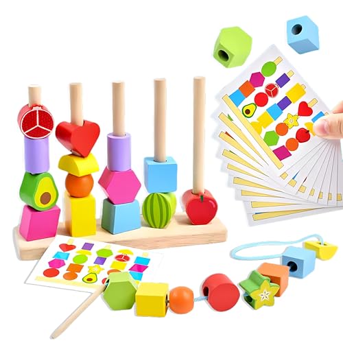 Echehi Jouets D'enfilage Montessori 2 en 1 pour Enfant, Perles à Enfiler, Jeu D'association de Formes, Blocs en Bois à Empiler, Développement de la...