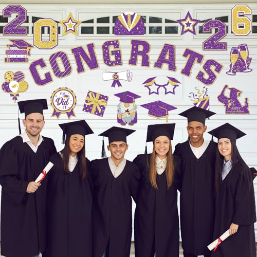 Image of Landhoow 30 Pcs Graduation Car Magnets 2026 Senior Graduation Car Decoration Bumper Sticker Congrats Grad Magnet Magnetic Refrigerator Decal for Grad Parade Party Supplies(Purple, Gold)