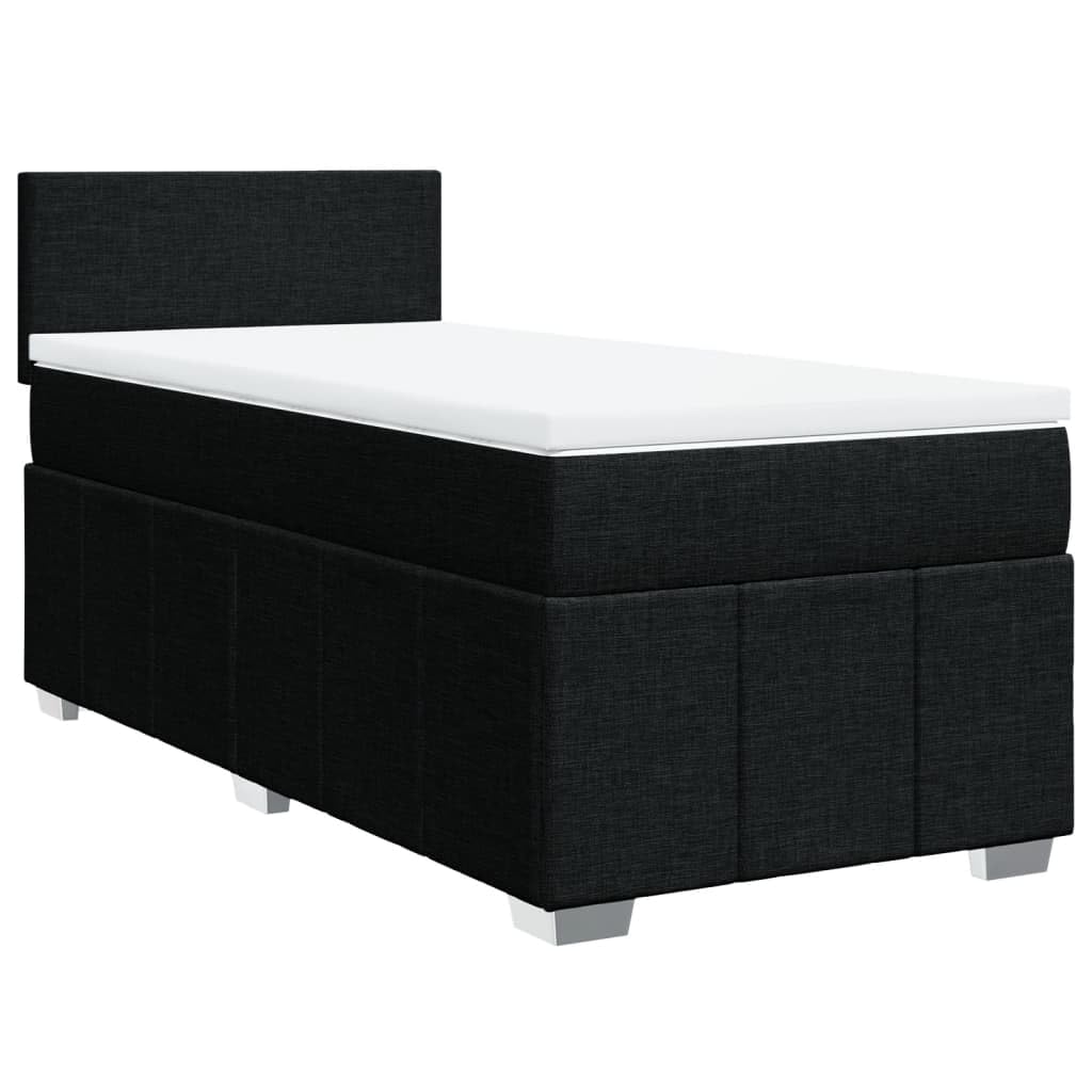 Cama con somier con colchón de 90 x 190 cm en tejido negro, cabecero regulable en altura, colchón de muelles ensacados para un agarre óptimo, listones transpirables y cómodo cojín