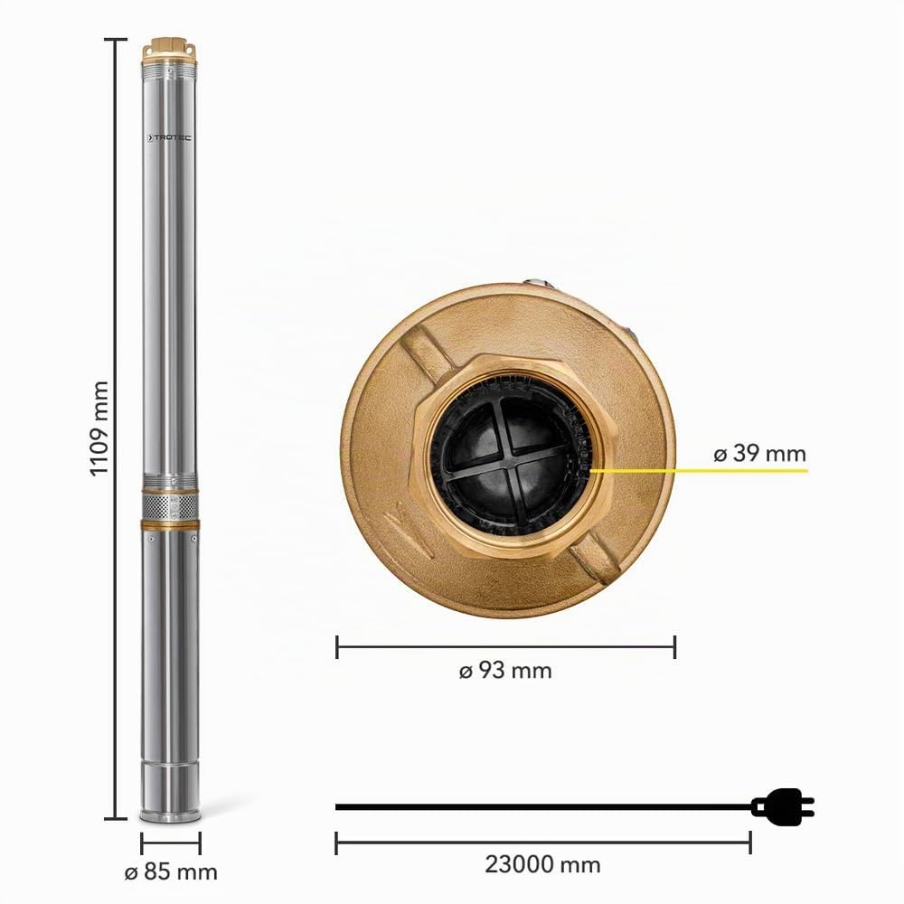 TROTEC Pompe de puits profonde TDP 7501 E - Pompe à eau avec débit 6000 l/h, 1100 W - Hauteur de refoulement 90 m, ø 8,6 cm, IP68 pour pompe, pompe en acier inoxydable