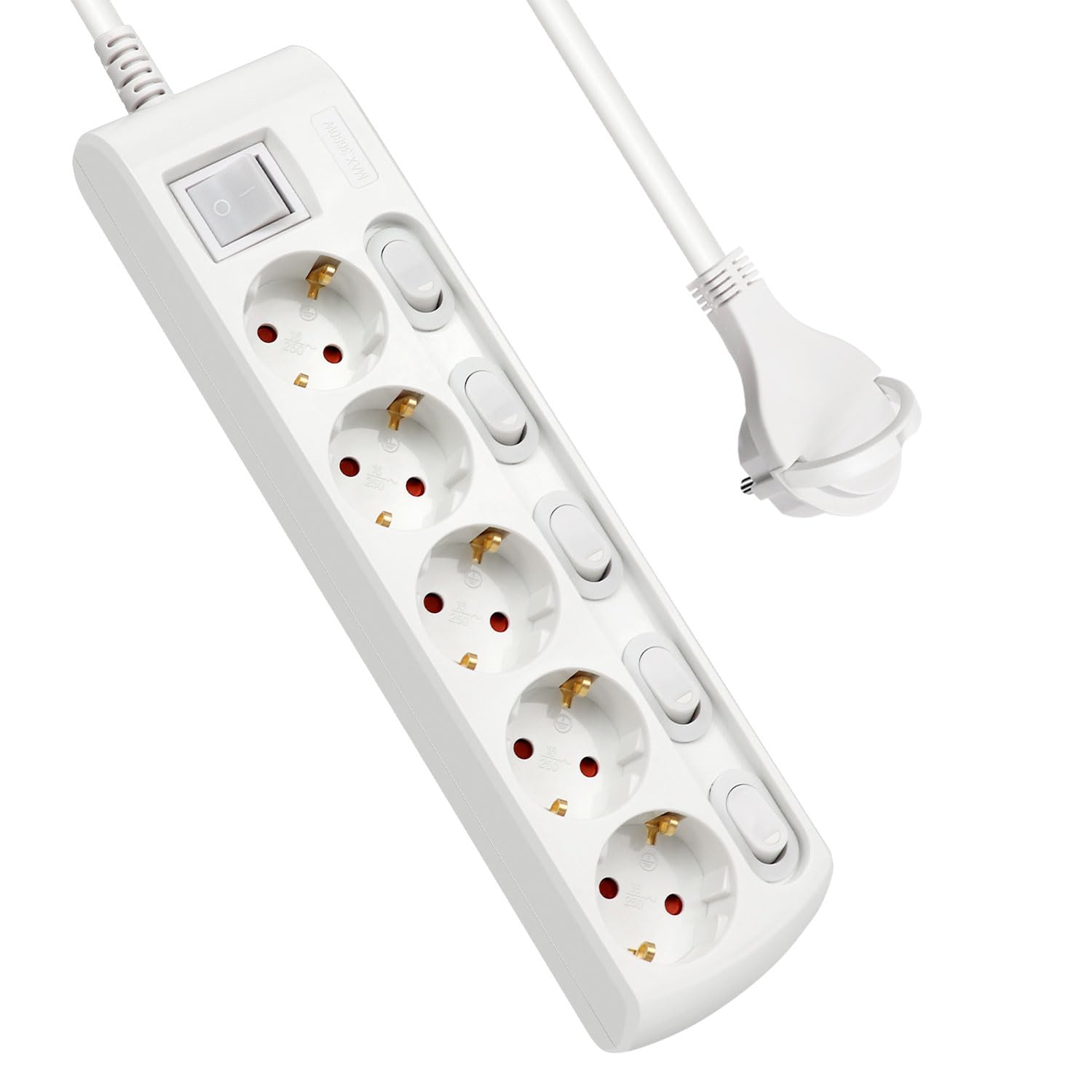 EXTRASTAR Regleta Alargador con 5 Enchufes + 5 Interruptor Individuales, 1 Interruptor Principal, Cable 1.5M Clavija Plana, para el hogar, Oficina y Viajes, 16A, 250V, 3680W, Blanco