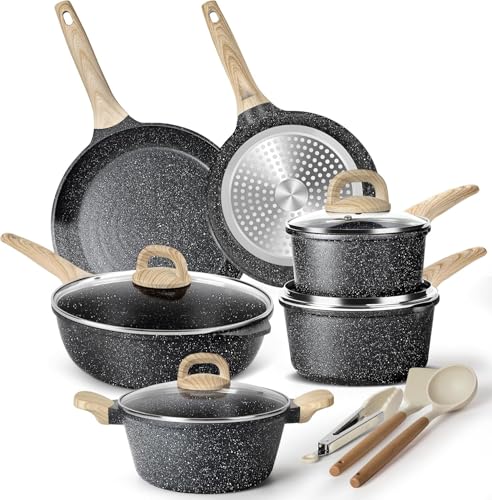 Terlulu Induction Pan Set with Lid 13-Piece Black Granite Cooking Pot Set, Non-Stick Pots and Pans Set without PTFE and PFOA