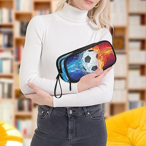 Image of ZAZYXTJ Soccer Ball Large Capacity Pencil Case 3 Compartment Pen Pouch Storage Canvas Makeup Bag for School Office Teen Girl Boy Men Women
