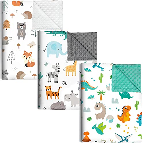 Image of 3 Pack Baby Blanket for Boys Girls Soft Minky Blanket with Double Dotted Backing Printed Dinosaur Woodland Animal for Toddler Baby Newborn Blanket Shower Gifts (30 x 40 Inch)