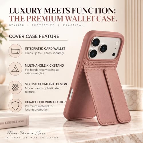 Image of amazon basics Luxury Vegan Leather Back Cover for iPhone 17 Pro Max | Built-in Card Holder Slot | Integrated Mobile Stand | Slim Shockproof Protective Case with Stitched Finish - Pink
