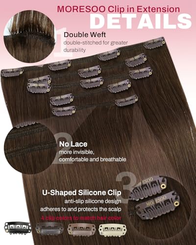 Image of Moresoo Clip in Hair Extensions Remy Double Weft Human Hair Clip in Extensions Straight Hair Extensions for Women Medium Brown #4 5pcs 80g 10inch