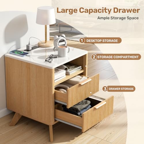 Image of Nebuaegis Nightstand,Side Table with Charging Station,Bedside Tables with Drawer,Mid-Century End Tables Set (1-Piece),Natural Oak