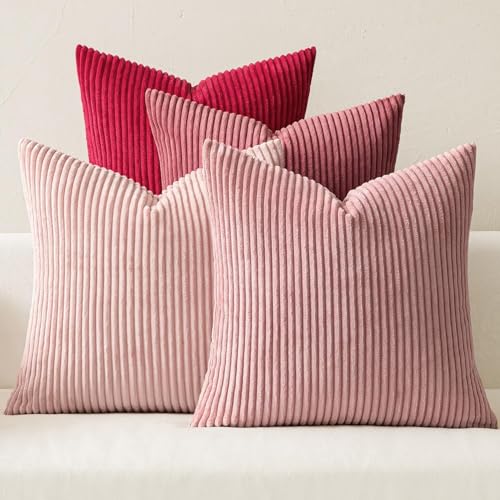 Image of MIULEE Boho Farmhouse Throw Pillow Covers 20x20 Inch Set of 4 Romantic Decorative Cushion Covers Spring Corduroy Home Decor for Feminine Valentines Couch Bed Sofa Living Room Aesthetic Pink