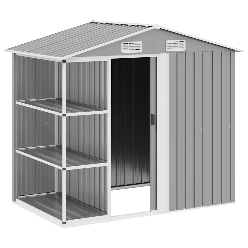 Gartenhaus mit Regal Grau 205x130x183 cm verzinktes Eisen mit Schiebetür und Lüftungsschlitzen für Gartenlagerung und Werkzeugeinsatz im Außenbereich