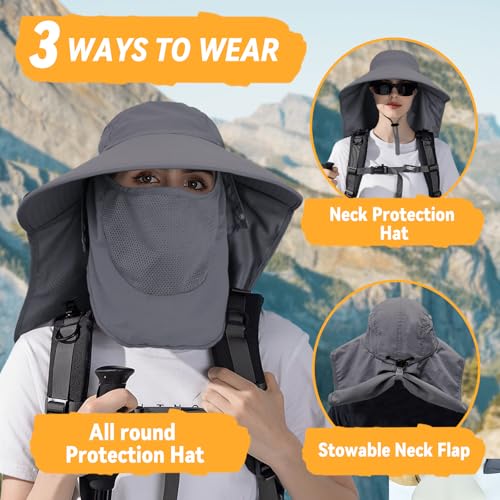 Image of Sun Hats for Men Women Detachable Face Cover Wide Brim Fishing Hats with Neck Flap UPF 50+ Outdoor Safari Hats