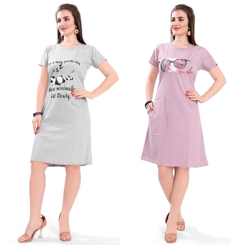 Image of Printed Knee Length Pocket Night Dresses for Women | Cat Lover | Premium Soft Cotton Nighty | Blue and Maroon