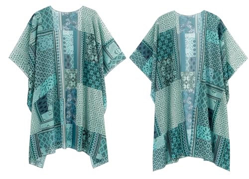 BB&KK Women Summer Bikini Kimono Bathing Suit Beach Cover Ups for Swimwear Floral Print Cardigans (12 Light Cyan/Boho, M)
