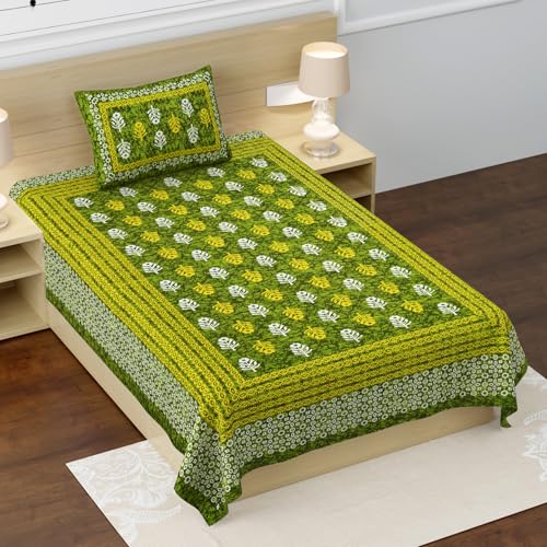 Image of RajasthaniKart Pure 100% Cotton Single Bed Sheet with 1 Pillow Cover (Bedsheet for Single Bed Cotton, Green Small Booty)