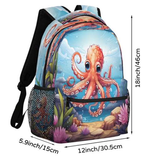 Sac à dos imperméable pour écolier avec motif pieuvre rouge
