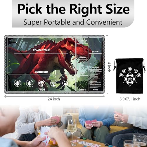 Image of for MTG Playmat with Card Storage Bag,Non-Slip Rubber Base & Smooth Surface 24x14in,Beginner-Friendly Magic Mat for Commander Deck,Red Dinosaur