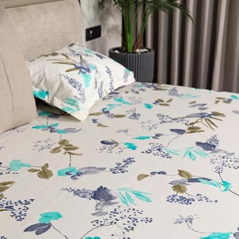 Urban Space Regal 100% Percale Cotton 200 TC Printed Bedsheet for Single Bed with 1 Pillow Cover (Size 58 x 90 inches, Cherry Blossom-Blue) Cover