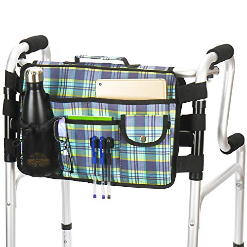Walker Bag-Double Sided Walker Pouch with 9 Pockets for Large Capacity Water Resistant Tote Folding Walker Basket Caddy Universal fit Walker, rollator (Colorful-Blue)