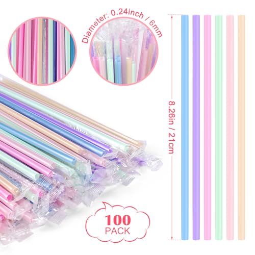 [Individually Wrapped] 100Pcs Disposable Plastic Drinking Straws - 8.26\" Long and 0.24 Diameter Colorful Cute Straws for Juice,Coffee,Milk,Cocktail, Bachelorette/Birthday Party, Bridal/Baby Shower - Thumbnail 3